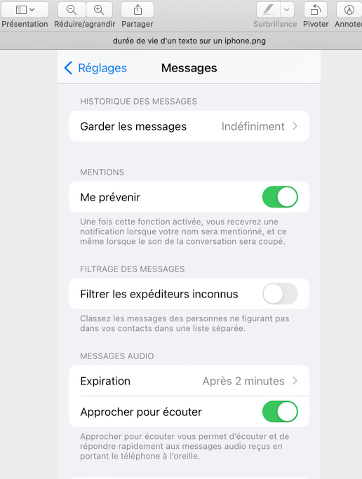 durée de vie d'un texto sur un iphone
